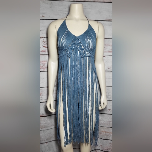 Gorgeous steel blue macreme lace dress coverup size medium - Picture 1 of 14